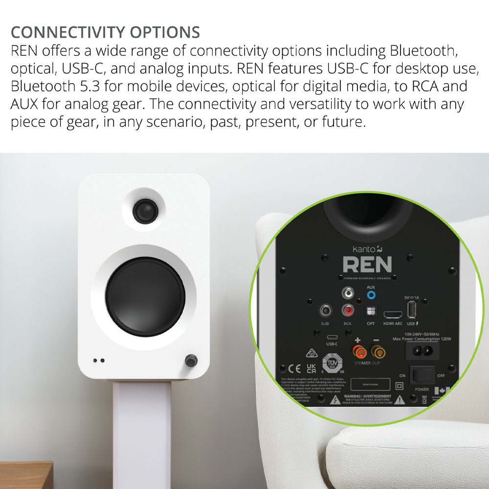 Kanto REN 200W Matte White Powered Bookshelf Speakers with HDMI ARC, USB-C, and Bluetooth 5.3 - Pair
