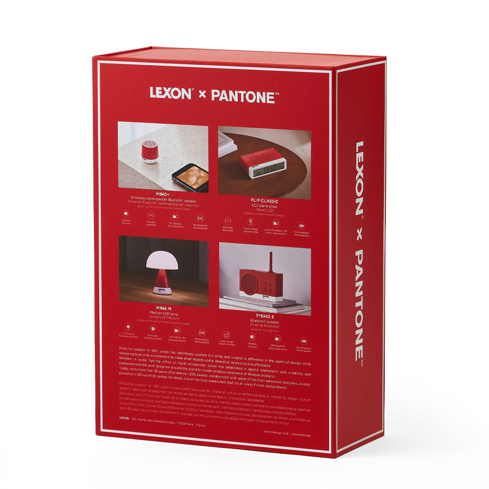 Lexon GIFT Set PANTONE - Red - Includes Mino+ Mini Speaker, Flip Classic Clock, Mina M Lamp, Thykho 3 Speaker