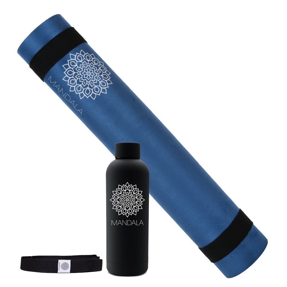 Mandala Premium Yoga Mat Set - Midnight Blue (5mm Vegan Suede Mat, Adjustable Strap & Stainless Steel Water Bottle)