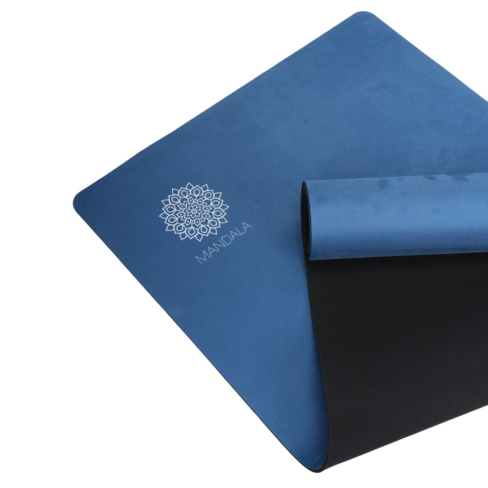 Mandala Premium Yoga Mat Set - Midnight Blue (5mm Vegan Suede Mat, Adjustable Strap & Stainless Steel Water Bottle)