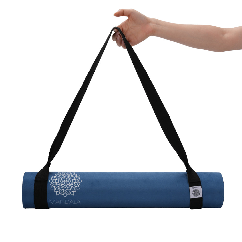Mandala Premium Yoga Mat Set - Midnight Blue (5mm Vegan Suede Mat, Adjustable Strap & Stainless Steel Water Bottle)