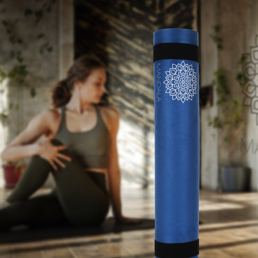 Mandala Premium Yoga Mat Set - Midnight Blue (5mm Vegan Suede Mat, Adjustable Strap & Stainless Steel Water Bottle)