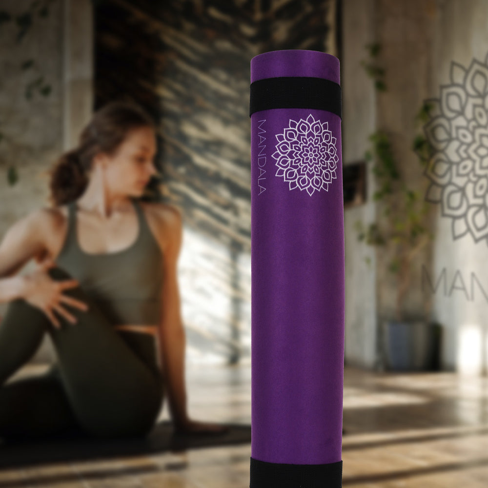 Mandala Premium Yoga Mat Set - Purple (5mm Vegan Suede Mat, Adjustable Strap & Stainless Steel Water Bottle)