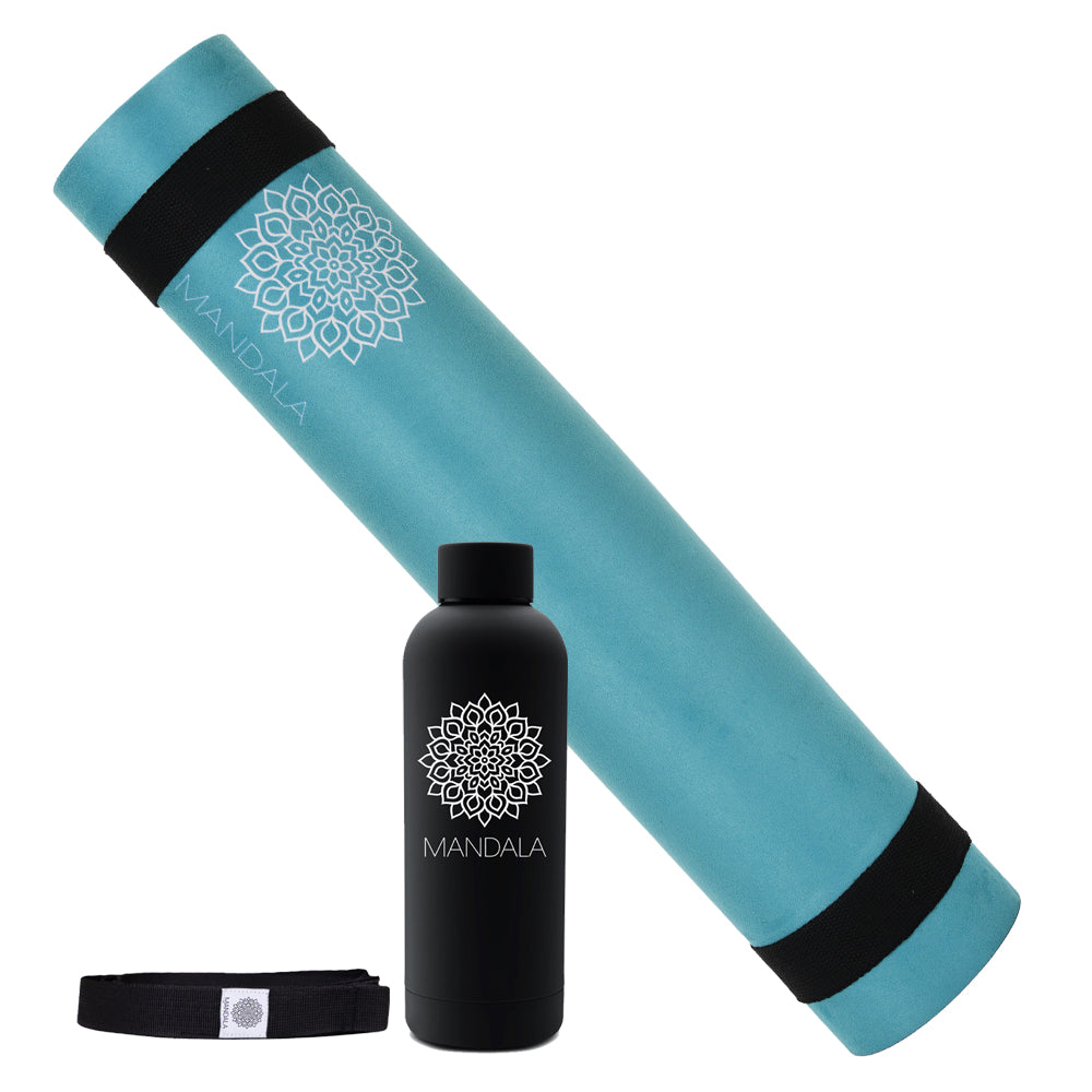 Mandala Premium Yoga Mat Set - Teal (5mm Vegan Suede Mat, Adjustable Strap & Stainless Steel Water Bottle)