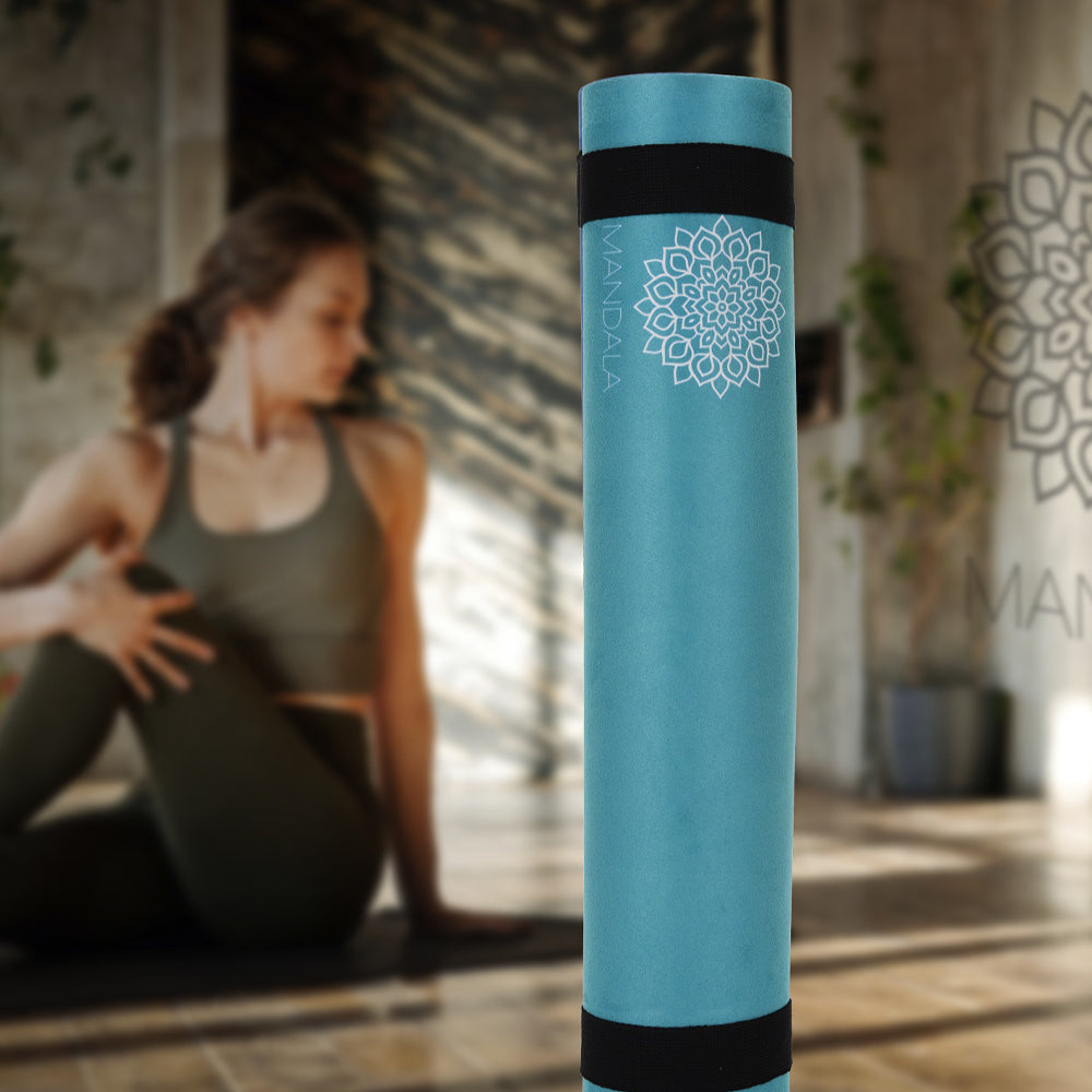 Mandala Premium Yoga Mat Set - Teal (5mm Vegan Suede Mat, Adjustable Strap & Stainless Steel Water Bottle)