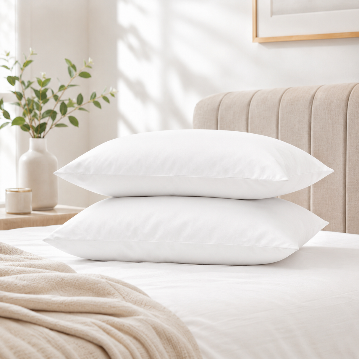 2x Standard Pure Cotton Plain Pillow - White (Twin Pack)