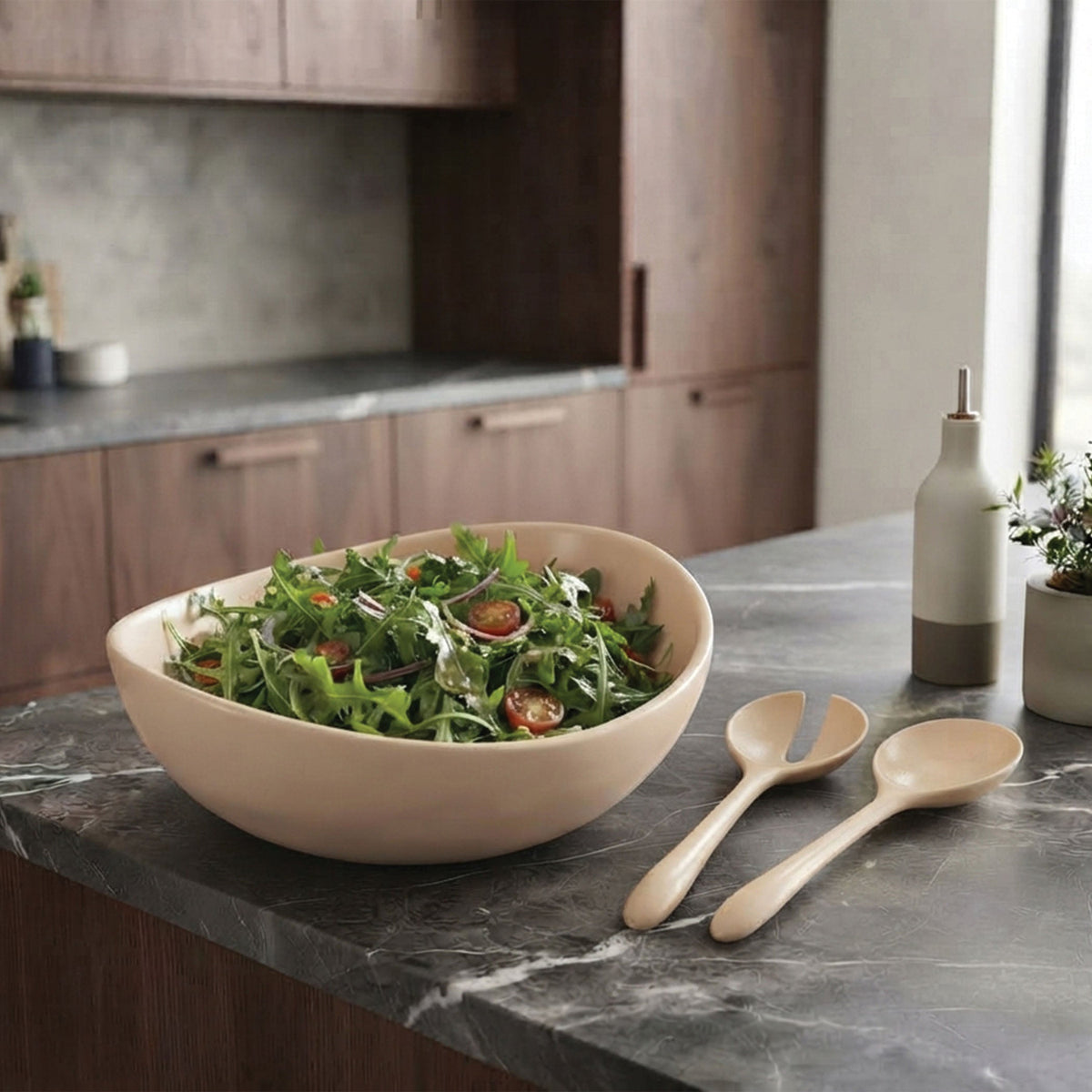Urban Attitude LILA Large Resin Serving Spoon & Fork Set - Stone Ivory (30cm Salad Servers)