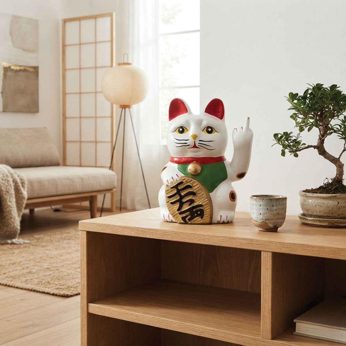 Urban Attitude Cheeky Un-Lucky Cat Resin Statue (Middle Finger Maneki-Neko Novelty Decor)
