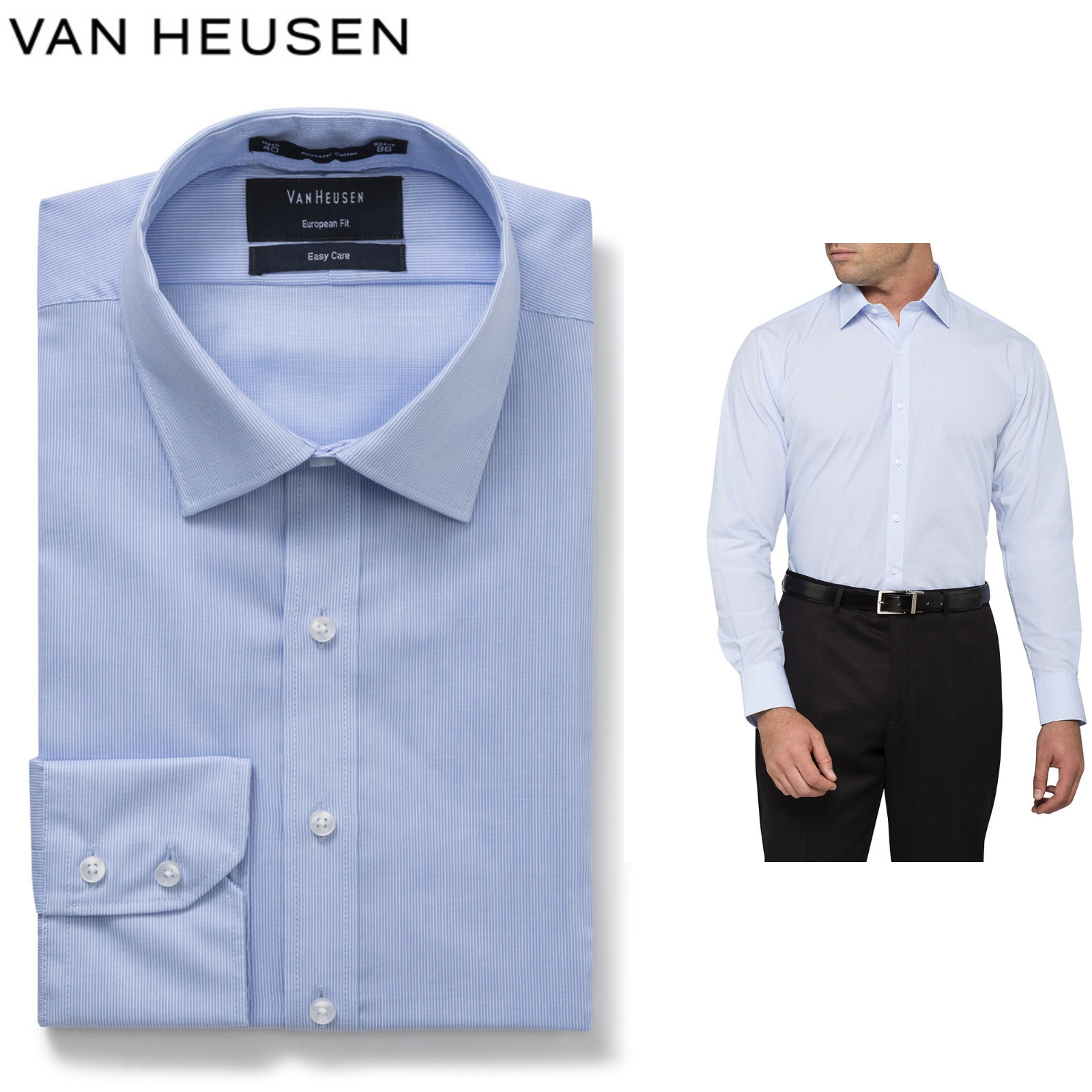 Van,Heusen Euro Tailored Fit Men's Long Sleeve Shirt,- Blue Stripe