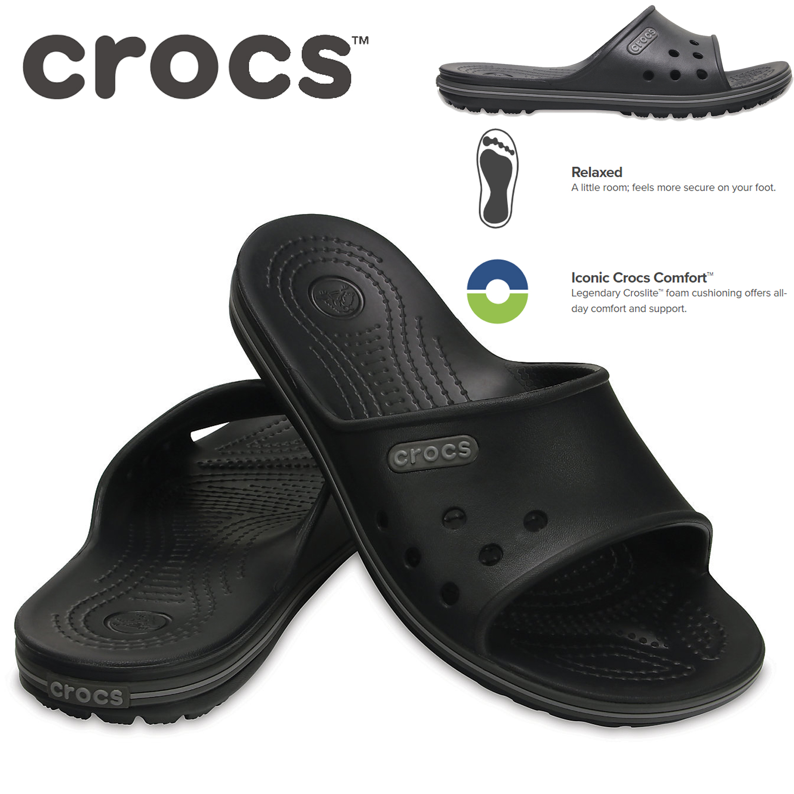 Crocs,Crocband II Slides Flip Flops Sandals Thongs - Black/Graphite