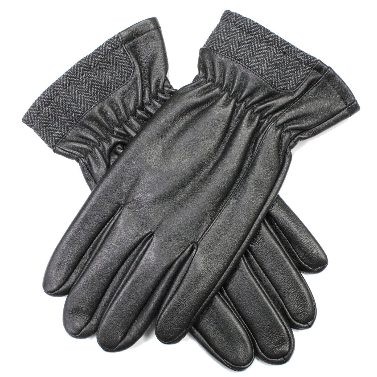 Dents,Mens Leather Gloves With Gathered Wrist and Herringbone Cuff Black