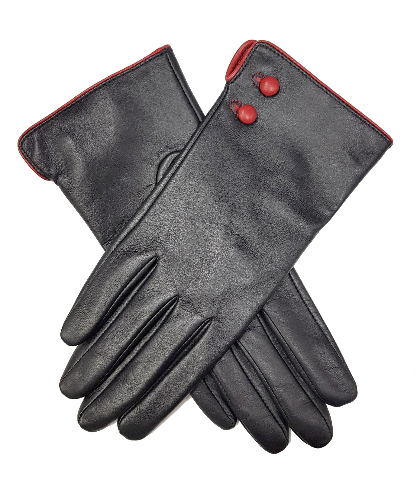 Leather,Gloves with Contrast Buttons and Cuff Black/Red