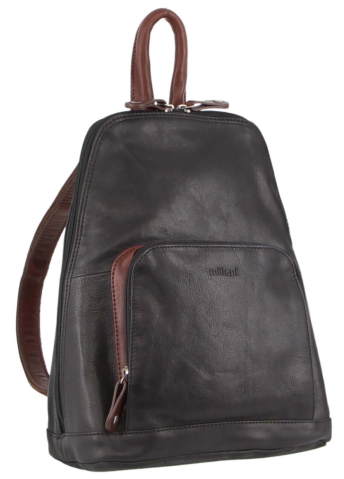 Milleni Women&#39;s Bag Italian Leather Soft Nappa Leather Backpack Travel - Black/Chestnut