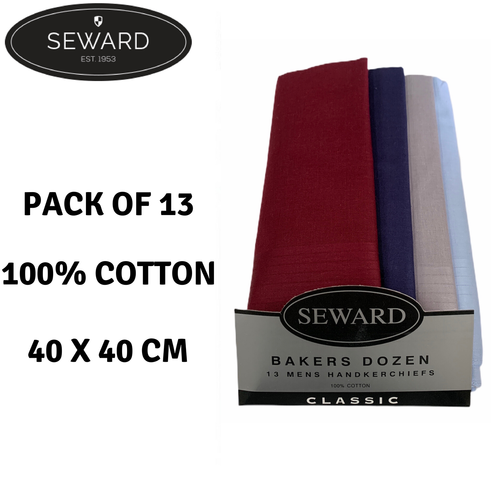 13x SEWARD Mens Handkerchiefs 100 Cotton Everyday Square Hankies Hanky Premium