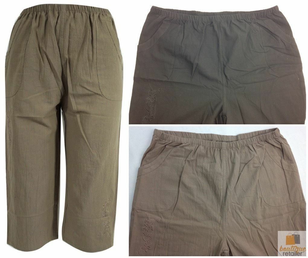 Women's PLUS SIZE 3/4 Shorts 100% Capri COTTON Woven Side Pocket Big ...