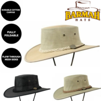 BARMAH Canvas Cooler Drover Hat Outback Foldable Brim Mesh Breathable Chin Cord
