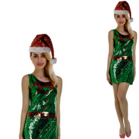 Womens Christmas Sequin Elf Dress Costume Party Dress Up Xmas Ladies