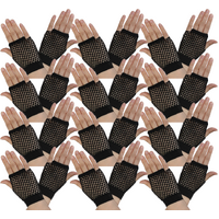 12 Pair Fishnet Gloves Fingerless Wrist Length 70s 80s Costume Party - Black