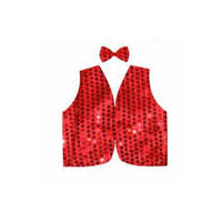 Kids Sequin Vest Bow Tie Set Costume 80s Party Dress Up Waistcoat - Red
