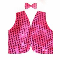 Kids Sequin Vest Bow Tie Set Costume 80s Party Dress Up Waistcoat - Hot Pink