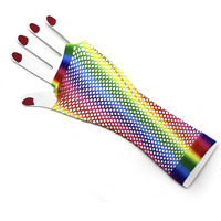 Rainbow Stripe Fishnet Fingerless Gloves 80s Costume Burlesque Dance Mardi Gras