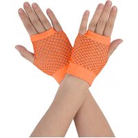 1 Pair Fishnet Gloves Fingerless Wrist Length 70s 80s Costume Party - Orange