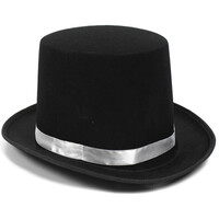 BLACK SATIN TOP HAT w Silver Ribbon Band Costume Mad Hatter Party Magician