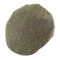 HARRIS TWEED Flat Hat Wool Country Driving Fishing Cap Linney - Green Herringbone