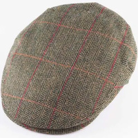 HARRIS TWEED Flat Hat Wool Country Driving Fishing Cap Linney - Mid Olive/Red