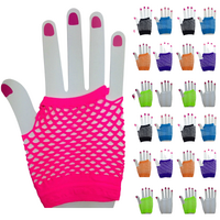 24x Fishnet Gloves Fingerless Wrist Length 70s 80s Womens Costume Party Bulk - Assorted Colour Pack