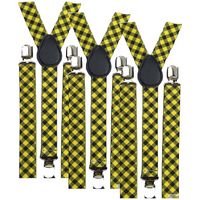 3x Mens Slim Suspenders Braces Adjustable Clip On - Black/Yellow Check