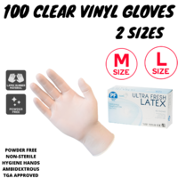 100 Pack Ultra Fresh Disposable Latex Rubber Gloves Powder Free Clear TGA Approved