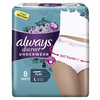 Always Discreet Underwear Plus Large Rapid Dry & Fresh Odor Control- 1 Pack of 8