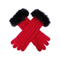 Dents Womens Lambswool Angora Blend Cable Knit Gloves w/ Fur Cuff - Berry/Black