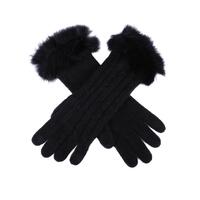 Dents Womens Lambswool Angora And Nylon Blend Cable Knit Gloves With Fur Cuff - Black
