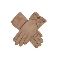 Women's Touchscreen Velour-Lined Faux Suede Gloves with Bow - Camel