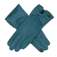 Dents Womens Touchscreen Faux Suede Gloves with Bow Winter Warm - Petrol