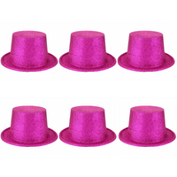 6x Glitter Top Hat Fancy Party Plastic Costume Tall Cap Fun Bulk - Hot Pink