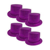 6x GLITTER TOP HAT Fancy Party Plastic Costume Tall Cap Fun Dress Up BULK - Purple - One Size
