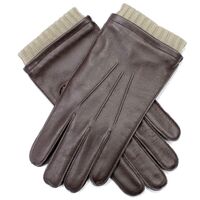 Dent's Mens Leather Gloves With 3 Point Stitch and Rib Contrast Cuff - Brown
