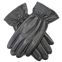 Dents Mens Leather Gloves With Gathered Wrist and Herringbone Cuff - Black