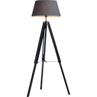 LARGE TRIPOD FLOOR LAMP Linen Shade Modern Light Retro Wooden - Matte Black