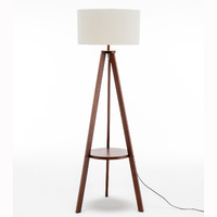 Natural Wooden Tripod Floor Lamp w/ Round Shelf + Off White Linen Shade - Cherry