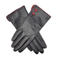 Leather Gloves with Contrast Buttons and Cuff - Black/Red