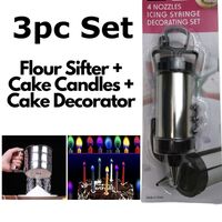 3pc Set Flour Sifter + Birthday Party Cake Magic Candles + Decorator Tool Kit