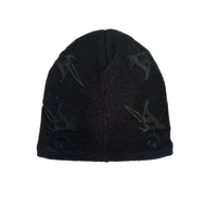 Thermal Insulated Fine Ski Knit Heat Print Beanie Hat Warm Winter Cap - Black - One Size