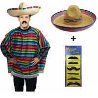 MEXICAN PONCHO & SOMBRERO SET Costume Wild West Moustache Cowboy Bandit Party