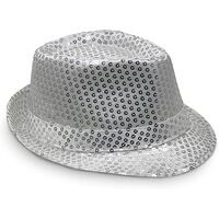 SEQUIN HAT Trilby Fedora Glitter Cap Costume Dance Party - Silver