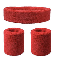 WRISTBAND & HEADBAND SET Tennis Terry Towelling Cotton Sweat Band Team Gym  - Red