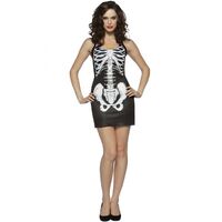 Womens SKELETON COSTUME Halloween Bones Tank Dress Black White Party